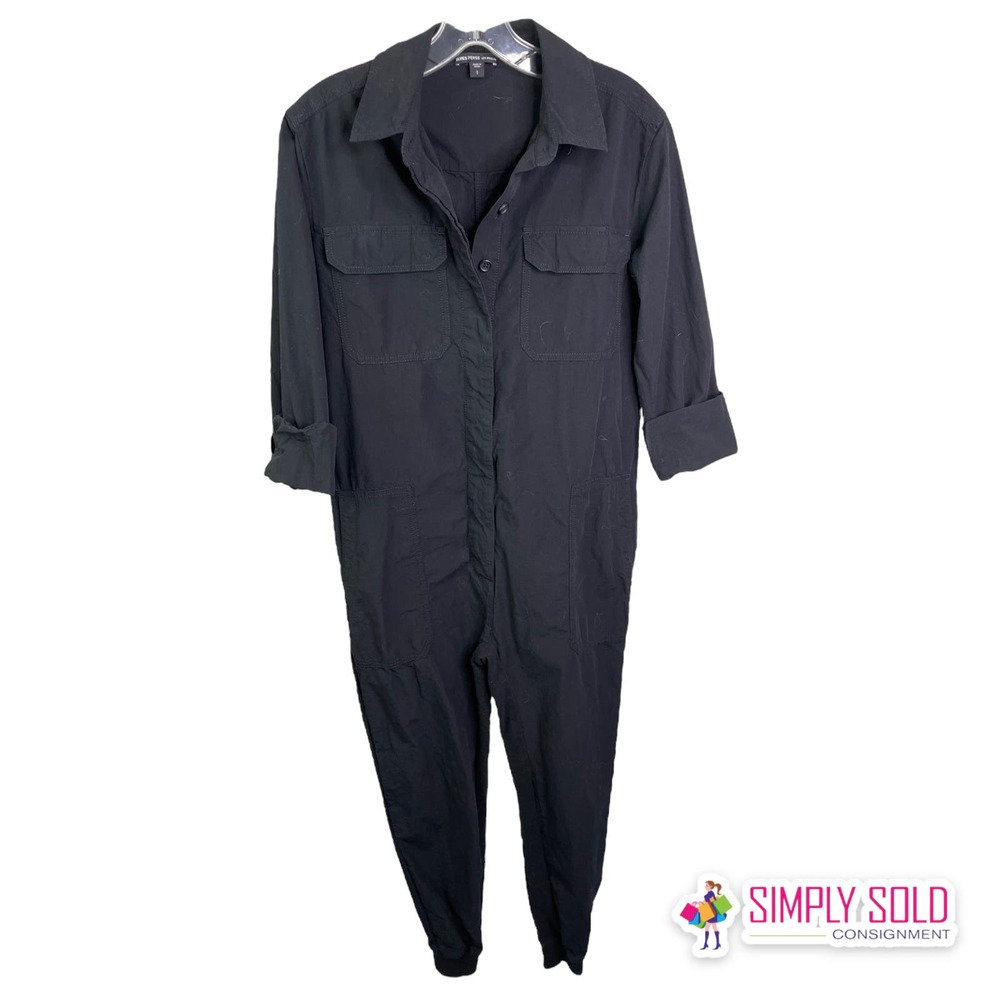 James Perse Women's Jumpsuit Black Long Sleeve Button Front Collared Cotton Sz S